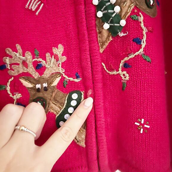 VINTAGE Red Ugly Christmas Sweater Zip Up Reindeer Large L - Picture 8 of 9